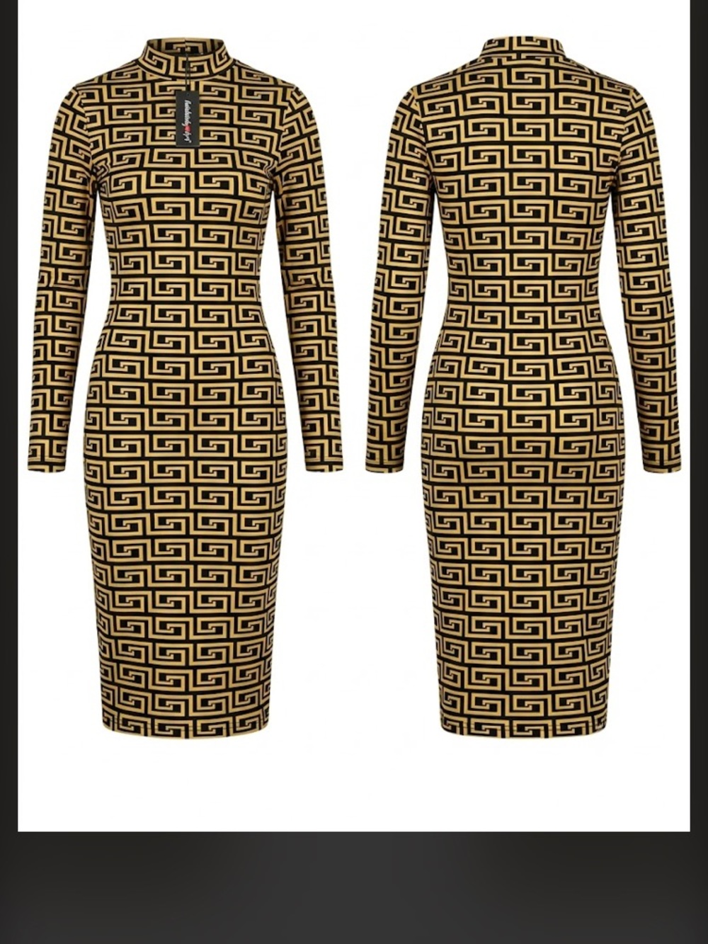 Long Sleeve Geometric Midi Dress — Black & Gold